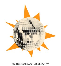Halftone disco ball collage element. Cut out of a magazine party festive decoration sticker with yellow doodle star burst. Modern retro vector illustration isolated on transparent background