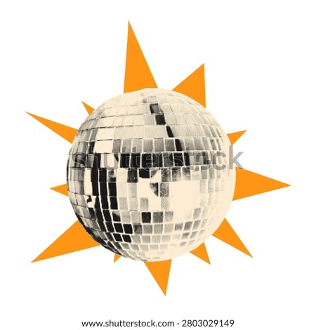 Halftone disco ball collage element. Cut out of a magazine party festive decoration sticker with yellow doodle star burst. Modern retro vector illustration isolated on transparent background