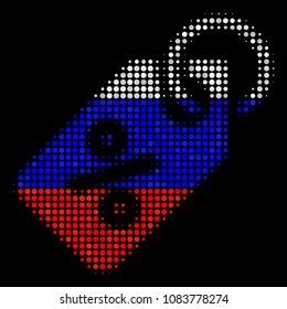 Halftone Discount Tag icon colored in Russia official flag colors on a dark background. Vector composition of discount tag icon done from circle elements.