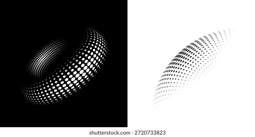 Halftone distort ball. Circle dots 3d sphere. Logo emblem design element for medical, treatment, cosmetic. Globe icon using halftone circle dots raster texture. Vector illustration.