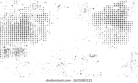 Halftone distressed overlay with rough textures. Abstract dotted pattern with grain effects. Black and white grunge dot vector texture.