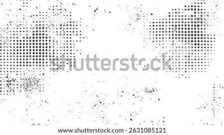 Halftone distressed overlay with rough textures. Abstract dotted pattern with grain effects. Black and white grunge dot vector texture.