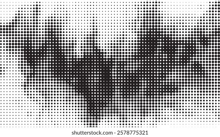 Halftone Disturbance, A Dynamic Black and White Gradient Pattern with Organic Forms and a Textured, Pixelated Aesthetic