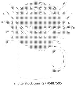 A halftone dither portrait rendered in bitmap pixelated style featuring a monochrome dot pattern forming an abstract face art with a retro vintage aesthetic. This black and white illustration mimics stencil style and works as a graphic design element for artisti...