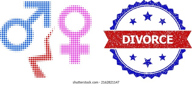 Halftone divorce icon, and bicolor unclean Divorce seal stamp. Halftone divorce icon is designed with small spheric pixels. Vector seal with unclean bicolored style,