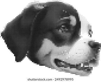 Halftone dog face in a pattern of stripes.