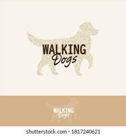 Halftone dog silhouette, walking dogs logo template, dogs trainer emblem, dogs clinic label, retriever vector isolated logo.