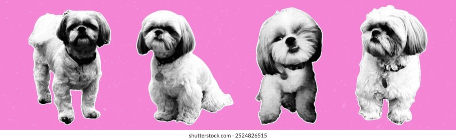 Halftone dogs in different poses. Contemporary collage for design template