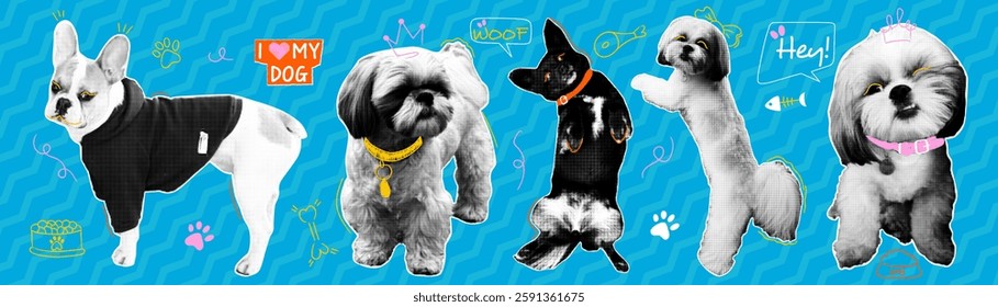 Halftone dogs in different poses with naive doodle elements. Contemporary collage for design template