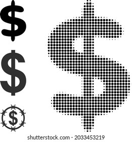 Halftone dollar currency. Dotted dollar currency made with small circle items. Vector illustration of dollar currency icon on a white background. Halftone array contains circle dots.
