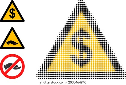 Halftone dollar warning. Dotted dollar warning made with small circle points. Vector illustration of dollar warning icon on a white background. Halftone pattern contains circle dots.