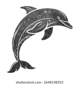 Halftone dolphin illustration in vintage engraving style, marine animal vector artwork for ocean themes, nautical prints, and retro design projects