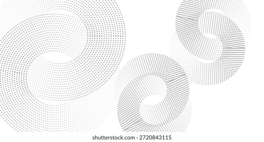 abstrakter Halbtonpunkt-Hintergrund. Muster der schwarzen Kreislinien. Futuristisches Technologiekonzept. Anzug für Cover, Poster, Banner, Broschüre, Header, Website
