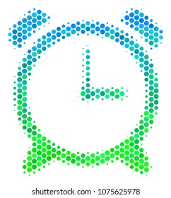 Halftone dot Alarm Clock pictogram. Pictogram in green and blue shades on a white background. Vector mosaic of alarm clock icon combined of sphere blots.