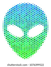 Halftone dot Alien Face icon. Pictogram in green and blue color tinges on a white background. Vector concept of alien face icon combined of circle blots.