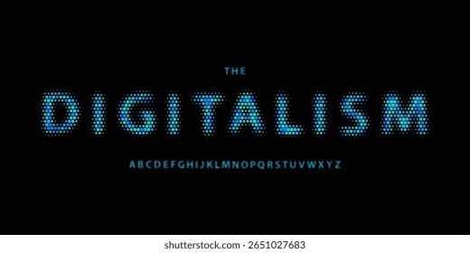 Halftone dot alphabet, glowing pixel sans serif lettering, futuristic digital font for sci-fi tech logo, cyber AI headline, abstract pointed typography, data-driven typographic design. Vector typeset