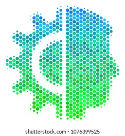 Halftone dot Android Robotics pictogram. Icon in green and blue shades on a white background. Vector pattern of android robotics icon designed of round elements.