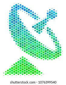 Halftone dot Antenna pictogram. Pictogram in green and blue color hues on a white background. Vector pattern of antenna icon made of sphere elements.