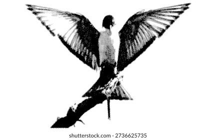 A halftone dot art of an bird, capturing its majestic wingspan and graceful brach stand . .eps