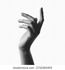 Halftone Dot Art Stylized Human Hand Reaching Upward in Black and White Minimalist Graphic Silhouette Isolated on White Background for Modern Design and Creative Conceptual Projects