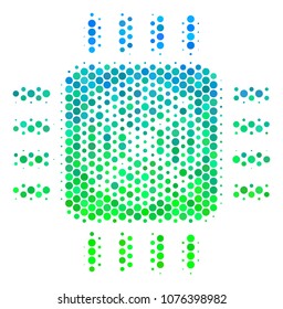 Halftone dot Asic Processor pictogram. Icon in green and blue color hues on a white background. Vector composition of asic processor icon designed of round pixels.