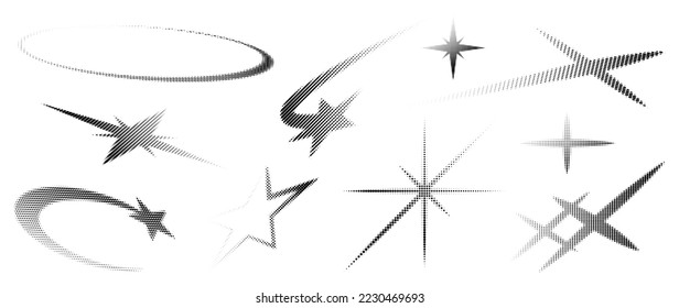 Halftone dot background pattern vector illustration. Star and sparkle shape monochrome gradient dotted texture, fade distressed overlay. Design for poster, cover, banner, mock-up, sticker, layout.