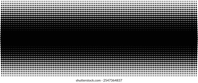 Textura de gradiente de meio-tom pontilhado. Plano de fundo do padrão de gradação de pontos de repetição. Plano de fundo de ponto de polca de fuga. Fundo de sobreposição de arte pop cômica sombreamento preto. Papel de parede de efeito de rasterização. 