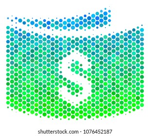 Halftone dot Banknotes pictogram. Icon in green and blue color hues on a white background. Vector concept of banknotes icon constructed of spheric elements.