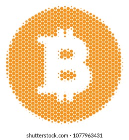 Halftone dot Bitcoin Coin icon. Pictogram on a white background. Vector pattern of bitcoin coin icon designed of round elements.