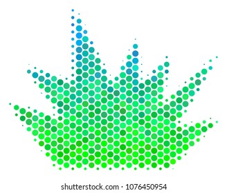 Halftone dot Boom Explosion pictogram. Icon in green and blue color tinges on a white background. Vector collage of boom explosion icon created of spheric spots.