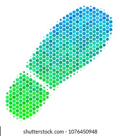 Halftone dot Boot Footprint icon. Pictogram in green and blue color tints on a white background. Vector collage of boot footprint icon designed of round blots.