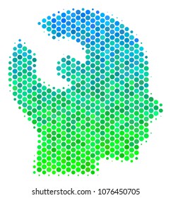 Halftone dot Brain Wrench Tool icon. Pictogram in green and blue color hues on a white background. Vector concept of brain wrench tool icon organized of round spots.
