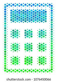 Halftone dot Calculator icon. Icon in green and blue color hues on a white background. Vector pattern of calculator icon composed of circle pixels.
