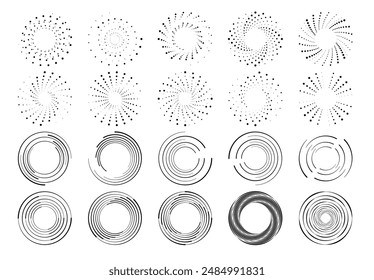 Halbton-Punktkreis-Rahmen-Vektorgrafik. Runder gepunkteter geometrischer Hintergrund. Abstrakte runde Halbtonkreissäulen, rotierende gepunktete Kreis-Formen.	