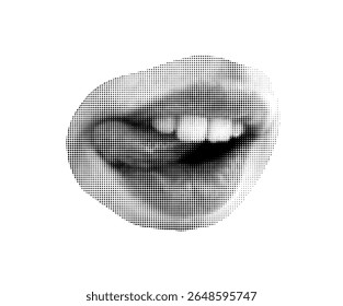 Halftone dot circle punk mouth cut out collage element isolated on white background. Woman girl avatars for mixed media decoration.