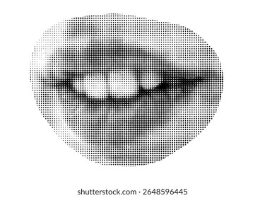 Halftone dot circle punk mouth cut out collage element isolated on white background. Woman girl avatars for mixed media decoration.