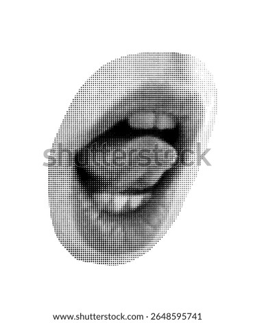 Halftone dot circle punk mouth cut out collage element isolated on white background. Woman girl avatars for mixed media decoration.