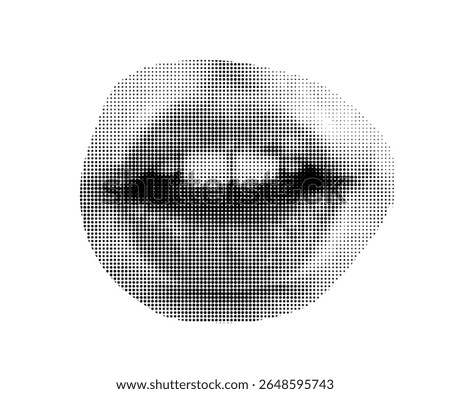 Halftone dot circle punk mouth cut out collage element isolated on white background. Woman girl avatars for mixed media decoration.
