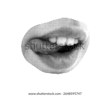 Halftone dot circle punk mouth cut out collage element isolated on white background. Woman girl avatars for mixed media decoration.