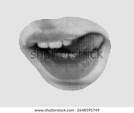 Halftone dot circle punk mouth cut out collage element isolated on white background. Woman girl avatars for mixed media decoration.