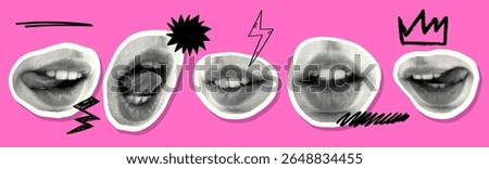 Halftone dot circle punk mouth cut out collage element isolated on white background. Woman girl avatars for mixed media decoration