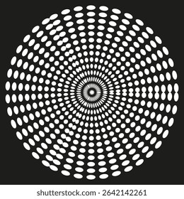 Halftone dot circle. Radiating ring vector. Optical depth pattern. Bold noir contrast.