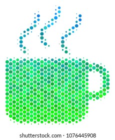 Halftone dot Coffee Cup pictogram. Pictogram in green and blue color tints on a white background. Vector composition of coffee cup icon created of circle dots.