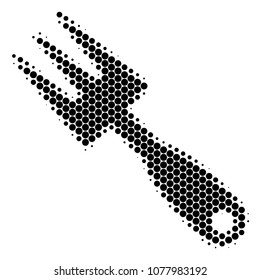 Halftone dot Cultivator Rake icon. Pictogram on a white background. Vector mosaic of cultivator rake icon done of sphere elements.