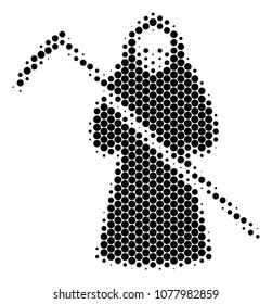 Halftone dot Death Scytheman icon. Pictogram on a white background. Vector collage of death scytheman icon composed of sphere pixels.