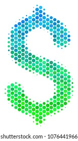 Halftone dot Dollar icon. Icon in green and blue color tones on a white background. Vector collage of dollar icon combined of round items.