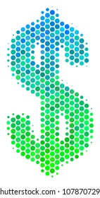 Halftone dot Dollar pictogram. Icon in green and blue shades on a white background. Vector composition of dollar icon created of round blots.