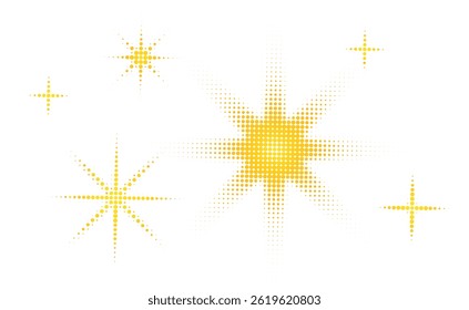 Halftone dot effect stars. Yellow retro sparkle icon. Y2k retro spark noise element. Firework, snowflake, twinkle gradient tone game shape. Vector halftone grain effect illustration