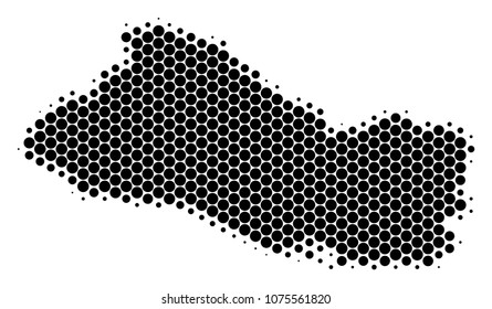 Halftone dot El Salvador Map. Vector geographic map on a white background. Vector pattern of El Salvador Map composed of circle spots.