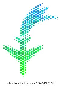 Halftone dot Falling Airplane pictogram. Pictogram in green and blue color tinges on a white background. Vector concept of falling airplane icon combined of sphere items.